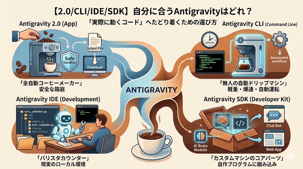 4つのAntigravity（2.0、IDE、CLI、SDK）の特徴を一目で比較できるインフォグラフィック